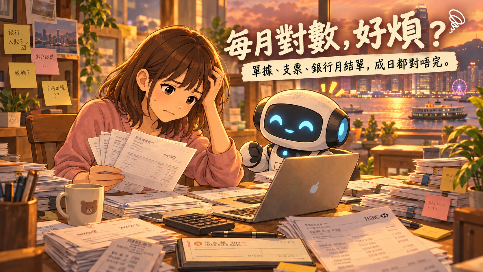 An accountant in a Hong Kong office faces a desk full of month-end paperwork.